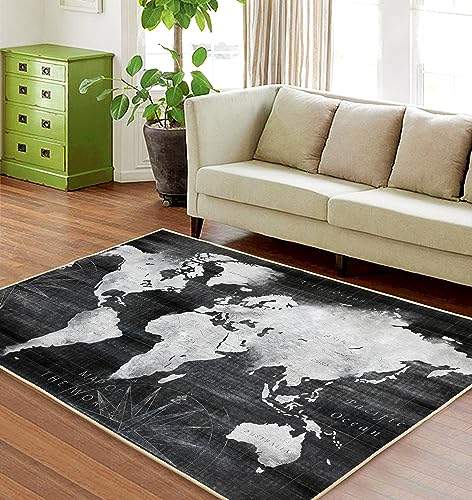 Black Area Rugs for Bedroom, Living Room, World Map Modern Abstract Non-Slip Area Rug Distressed Floor Carpet, 8 x 10 feet