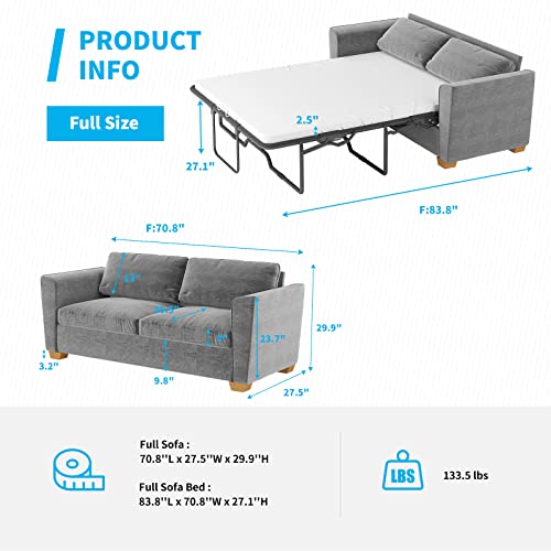 Mjkone 84" W Pull Out Sofa Bed, Sleeper Sofa Bed with Sponge Mattress, 2-in-1 Pull Out Couch Bed Suitable for Friends to Stay Temporarily, Loveseat Sleeper for Apartment/Small Spaces (Full, Grey)