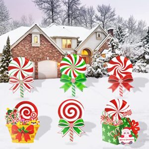 candy christmas decorations outdoor yard signs - 6pcs plastic peppermint lollipop candy signs with stakes for winter holiday christmas outside yard pathway lawn decor supplies