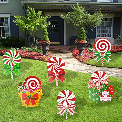 Candy Christmas Decorations Outdoor Yard Signs - 6Pcs Plastic Peppermint Lollipop Candy Signs with Stakes for Winter Holiday Christmas Outside Yard Pathway Lawn Decor Supplies