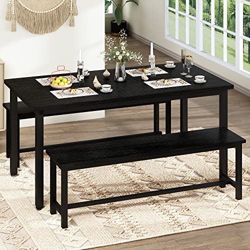 Lamerge Kitchen Table Set with 2 Benches 4 Person Dining Room Table Set for Home Kitchen, Dining Room, Restaurant, Space Saving, Black, 43.3''L x23.6''W x28.5''H (43B)