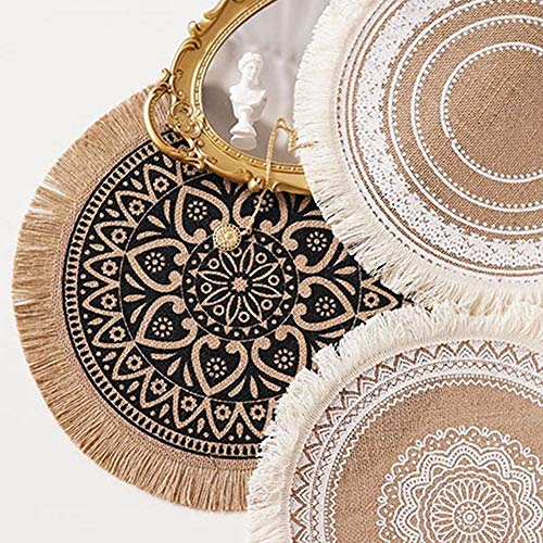 Round Jute Woven Placemat, Farmhouse Non-Slip Table Mats with Tassel for Kitchen Dining Table Decor Photo Props, 15 Inch(4)