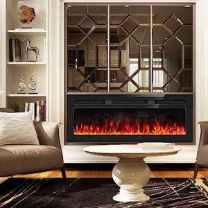 Upesitom 50" Electric Fireplace Recessed & Wall Mounted Fireplace Heater, Wall Fireplace Inserts, Mirrored Led Linear Fireplace with Remote Control, Timer, Adjustable Flame Color, 750/1500W, Black