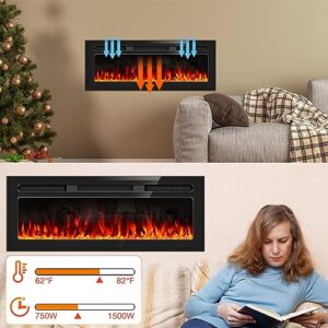 Upesitom 50" Electric Fireplace Recessed & Wall Mounted Fireplace Heater, Wall Fireplace Inserts, Mirrored Led Linear Fireplace with Remote Control, Timer, Adjustable Flame Color, 750/1500W, Black