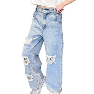Kids Girls' Casual Wide Leg Baggy Ripped Jeans Cool Loose Fit Distressed Denim Pants Size 5-14 Years(Blue1,12-13 Years)