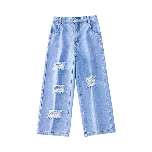 Kids Girls' Casual Wide Leg Baggy Ripped Jeans Cool Loose Fit Distressed Denim Pants Size 5-14 Years(Blue1,12-13 Years)