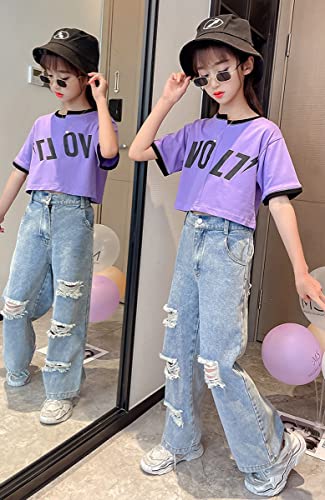 Kids Girls' Casual Wide Leg Baggy Ripped Jeans Cool Loose Fit Distressed Denim Pants Size 5-14 Years(Blue1,12-13 Years)