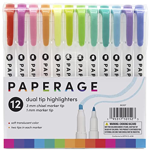 PAPERAGE Dual Tip Highlighters (3.0mm Chisel Tip + 1.0mm Round Tip), Pastel, 12 Pack Dual Tip Brush Pen Set for Highlighting Notes, Drawing, Hand-Lettering, Pens Highlight Markers Journaling and More