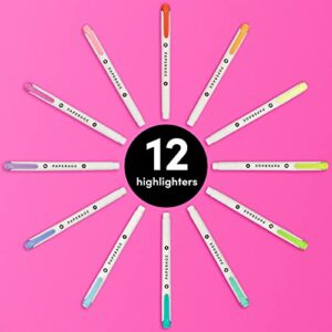 PAPERAGE Dual Tip Highlighters (3.0mm Chisel Tip + 1.0mm Round Tip), Pastel, 12 Pack Dual Tip Brush Pen Set for Highlighting Notes, Drawing, Hand-Lettering, Pens Highlight Markers Journaling and More