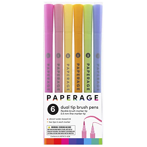 PAPERAGE Dual Tip Brush Pens (4.0mm Brush Tip + 0.5mm Fine Tip), Pastel, 6 Pack Dual Tip Brush Pen Set for Drawing, Hand-Lettering, Calligraphy, Journaling and More