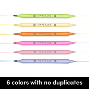 PAPERAGE Dual Tip Brush Pens (4.0mm Brush Tip + 0.5mm Fine Tip), Pastel, 6 Pack Dual Tip Brush Pen Set for Drawing, Hand-Lettering, Calligraphy, Journaling and More