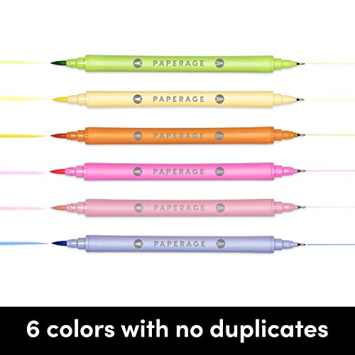 PAPERAGE Dual Tip Brush Pens (4.0mm Brush Tip + 0.5mm Fine Tip), Pastel, 6 Pack Dual Tip Brush Pen Set for Drawing, Hand-Lettering, Calligraphy, Journaling and More