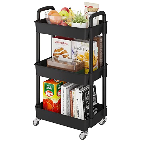 Buzowruil 3-Tier Utility Rolling Plastic Storage Cart Trolley with Lockable Wheels,Multifunctional Storage Shelves for Kitchen Living Room Office,Black