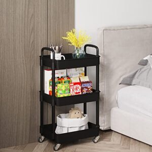 Buzowruil 3-Tier Utility Rolling Plastic Storage Cart Trolley with Lockable Wheels,Multifunctional Storage Shelves for Kitchen Living Room Office,Black