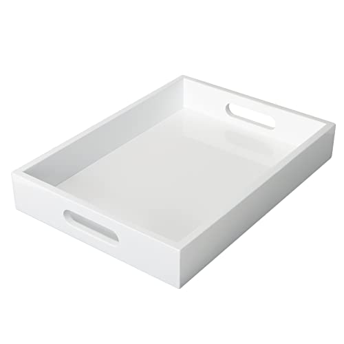 SANZIE Tray Wooden by high Gloss Paint,Serving Tray Easy to Handle for Breakfast and Coffee. Morden Tray in Office or Living Room for Storage Groceries. 13IN*9.4IN*2IN (White)