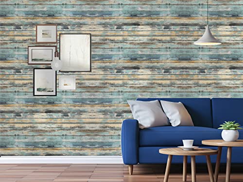 Dimcol Wood Contact Paper 15.7"x118" Self-Adhesive and Removable Wood Peel and Stick Wallpaper Blue Distressed Wood Grain Contact Papers for Cabinets Waterproof Wall Paper