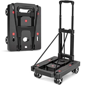 folding hand truck dolly, lightweight hand truck dolly foldable luggage cart, utility cart with 4 wheels & 2 elastic ropes for luggage travel moving shopping airport office use-130lbs capacity