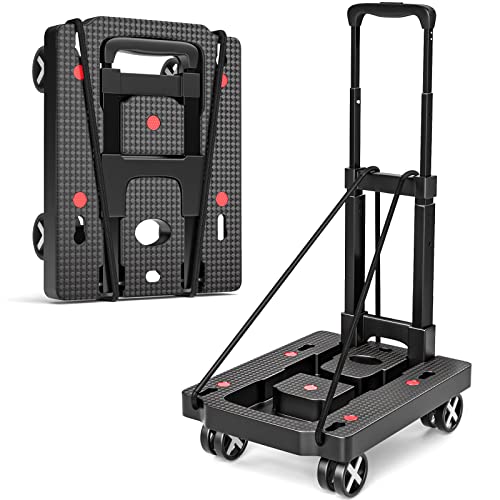 Folding Hand Truck Dolly, Lightweight Hand Truck Dolly Foldable Luggage Cart, Utility Cart with 4 Wheels & 2 Elastic Ropes for Luggage Travel Moving Shopping Airport Office Use-130LBS Capacity