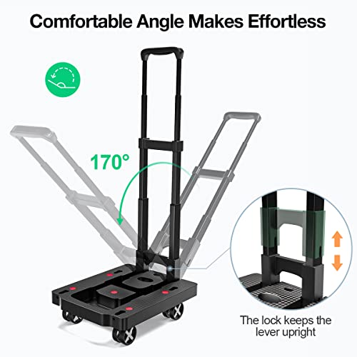 Folding Hand Truck Dolly, Lightweight Hand Truck Dolly Foldable Luggage Cart, Utility Cart with 4 Wheels & 2 Elastic Ropes for Luggage Travel Moving Shopping Airport Office Use-130LBS Capacity