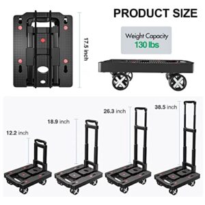 Folding Hand Truck Dolly, Lightweight Hand Truck Dolly Foldable Luggage Cart, Utility Cart with 4 Wheels & 2 Elastic Ropes for Luggage Travel Moving Shopping Airport Office Use-130LBS Capacity