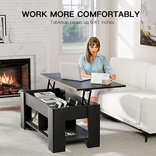 Totnz Lift Top Coffee Table, 39in Living Room Tables with Hidden Compartment and Storage Shelf, Solid Wood Coffee Table for Living Room (Black)