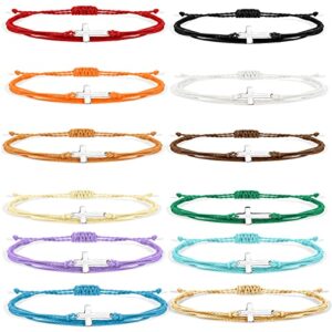 handmade cross colorful adjustable braided string bracelet friendship couple tiny sideways cross rope bangle lucky protection jewerly for women men teens-set