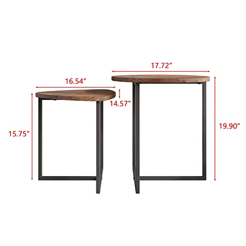 HOJINLINERO Round Coffee Table Set of 2 End Tables for Living Room,Black Small Coffee Table Living Room Table,Metal Frame with Wood Look,Sturdy and Easy Assembly,Stacking Side Tables Bedroom,Brown