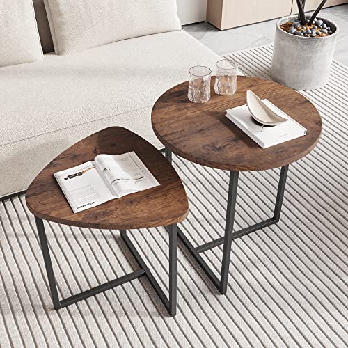 HOJINLINERO Round Coffee Table Set of 2 End Tables for Living Room,Black Small Coffee Table Living Room Table,Metal Frame with Wood Look,Sturdy and Easy Assembly,Stacking Side Tables Bedroom,Brown