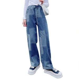 birbyrrly girls wide leg jeans kids baggy elastic waist casual denim pants with pockets plaid blue tag 150-9-10 years