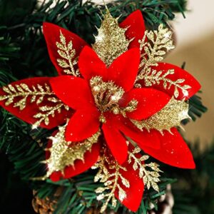 veryhome 24pcs poinsettia christmas decorations, 5.5 inch artificial poinsettia flowers heads, red glitter ornaments for christmas tree decorations (red)