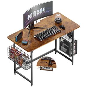 pamray 40'' safety rounded corner home office desk with cable trough and under desk cable management simple computer desk for work and gaming, vintage brown