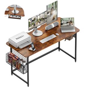 pamray 47'' rounded corner home office desk with thickened bottom crossbar and cable trough & cable management simple computer desk for work and gaming, vintage brown