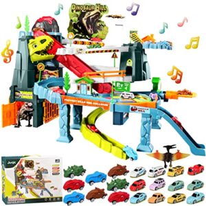 juqic children's toy car ramp track dinosaur spray hills adventure railcar slot car vehicle race play set with 20 mini cars for preschool boys puzzles gifts kids ages 3 to 6 or older (spray dinosaur)