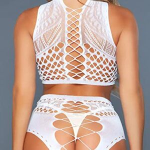 RSLOVE Womens Lingerie Set Sexy Fishnet Bodysuit Lace Babydoll 2 Piece Set One Size White