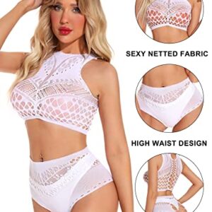 RSLOVE Womens Lingerie Set Sexy Fishnet Bodysuit Lace Babydoll 2 Piece Set One Size White