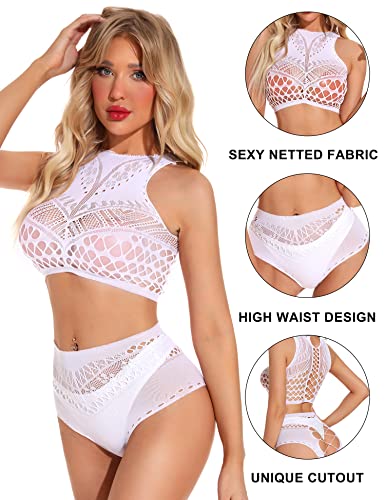 RSLOVE Womens Lingerie Set Sexy Fishnet Bodysuit Lace Babydoll 2 Piece Set One Size White