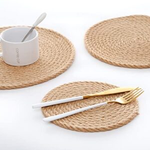 Homtoozhii Woven Placemats 14 inch Round Braided Placemat for Dining Table Heat Resistant Anti-Slid Jute Mats Table Mat for Dish Plate Pot Teapot