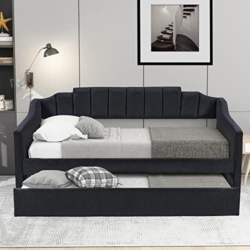 LCH Upholstered Double Sofa Bed on Casters, Double and Single Bed, Sofa Bed on Casters, Removable, can be Placed in The Living Room, No Springs Required, Space Saving Design, Black