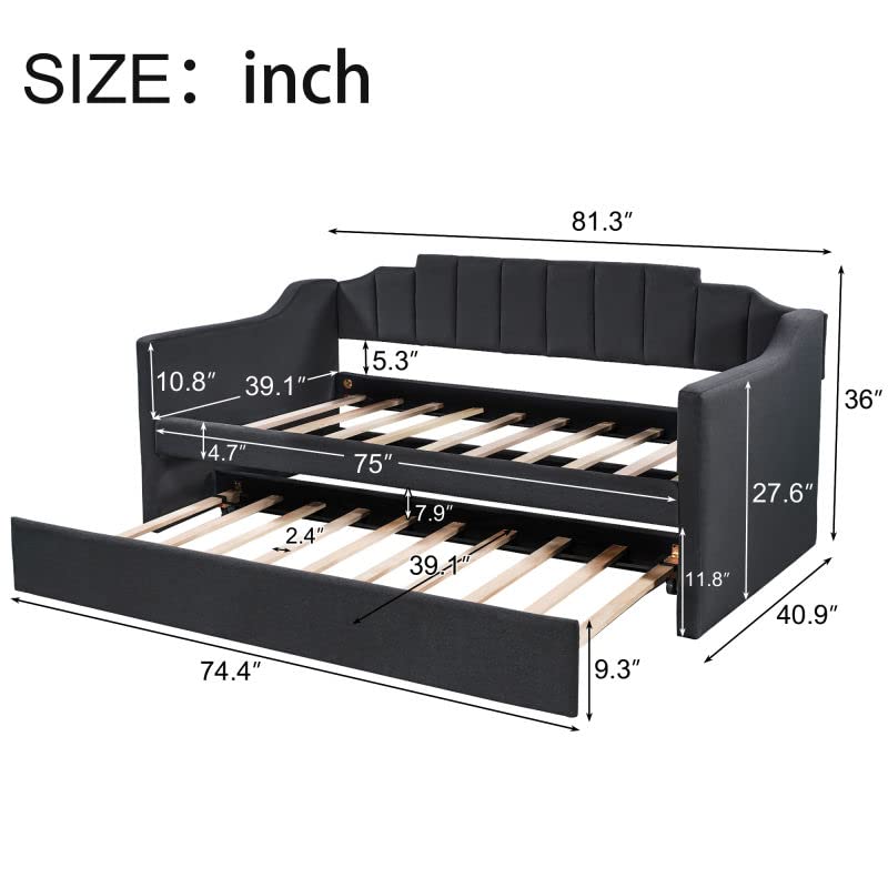 LCH Upholstered Double Sofa Bed on Casters, Double and Single Bed, Sofa Bed on Casters, Removable, can be Placed in The Living Room, No Springs Required, Space Saving Design, Black