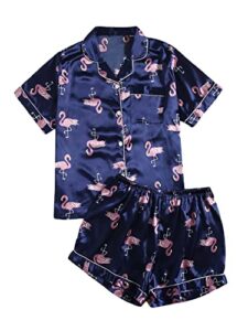 wdirara women's plus size satin pajama set short sleeve button down pajamas shirt and short sleepwear navy blue 4xl