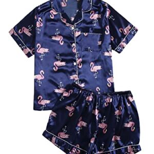 WDIRARA Women's Plus Size Satin Pajama Set Short Sleeve Button Down Pajamas Shirt and Short Sleepwear Navy Blue 4XL