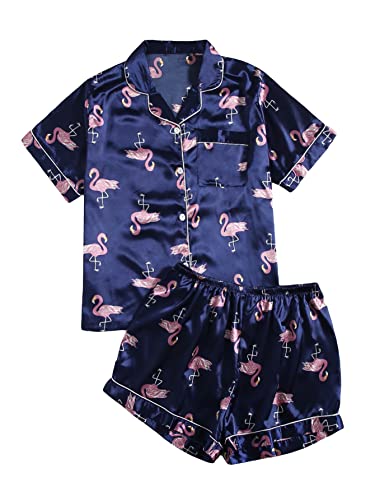 WDIRARA Women's Plus Size Satin Pajama Set Short Sleeve Button Down Pajamas Shirt and Short Sleepwear Navy Blue 4XL