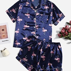 WDIRARA Women's Plus Size Satin Pajama Set Short Sleeve Button Down Pajamas Shirt and Short Sleepwear Navy Blue 4XL