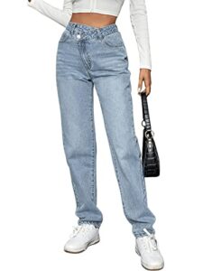 sweatyrocks women's high waisted straight leg long jeans asymmetrical waist denim pants solid pale blue m