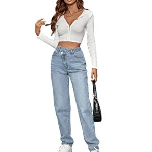 SweatyRocks Women's High Waisted Straight Leg Long Jeans Asymmetrical Waist Denim Pants Solid Pale Blue M