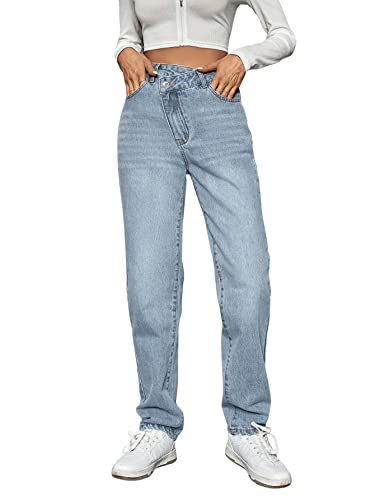 SweatyRocks Women's High Waisted Straight Leg Long Jeans Asymmetrical Waist Denim Pants Solid Pale Blue M