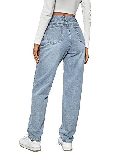 SweatyRocks Women's High Waisted Straight Leg Long Jeans Asymmetrical Waist Denim Pants Solid Pale Blue M
