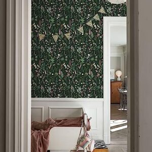 JiffDiff Floral Wallpaper Peel and Stick Farm Floral 236.22" x 17.32" Wildwood Wallpaper Dark Wallpaper Self Adhesive Wallpaper Coverage 30 sq.ft