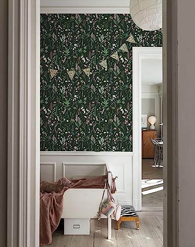 JiffDiff Floral Wallpaper Peel and Stick Farm Floral 236.22" x 17.32" Wildwood Wallpaper Dark Wallpaper Self Adhesive Wallpaper Coverage 30 sq.ft