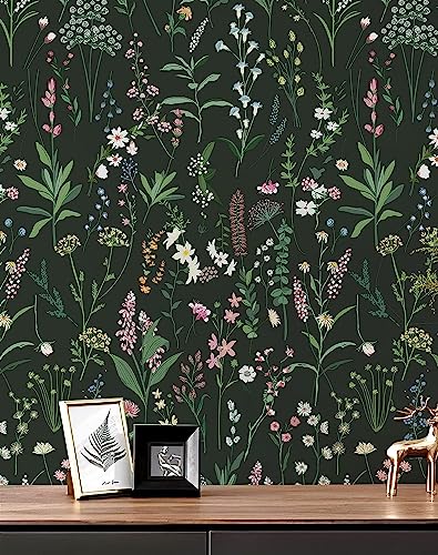 JiffDiff Floral Wallpaper Peel and Stick Farm Floral 236.22" x 17.32" Wildwood Wallpaper Dark Wallpaper Self Adhesive Wallpaper Coverage 30 sq.ft